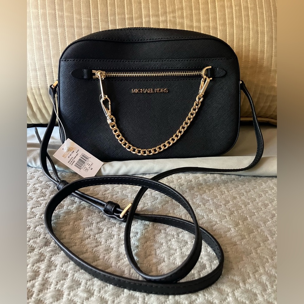 Michael Kors Black Jet Set East/West Zip Chain Crossbody Leather Purse